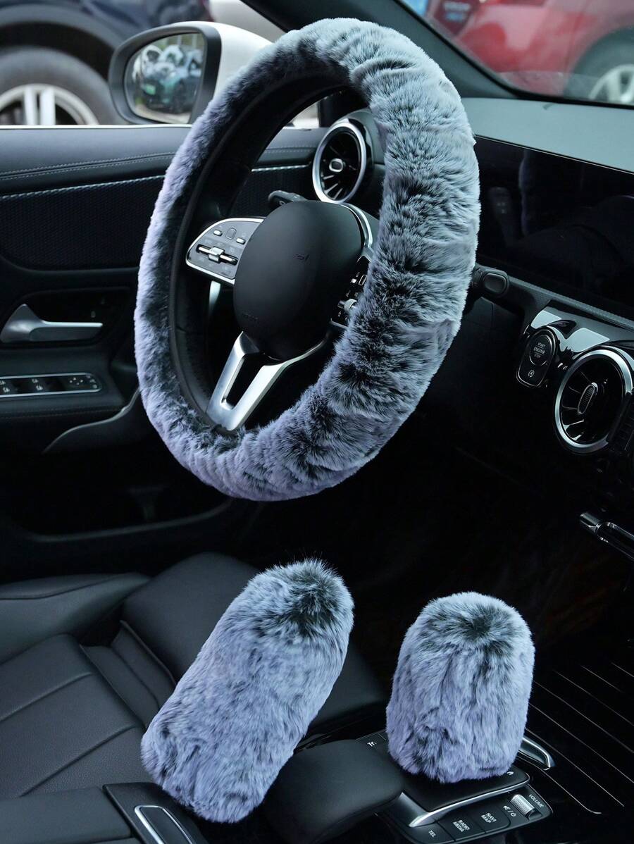 3入組毛絨裝飾汽車方向盤套和手剎及換檔套組 - 黑與白 - 查看 1