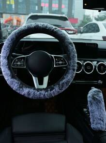 3入組毛絨裝飾汽車方向盤套和手剎及換檔套組 - 黑與白 - 查看 2