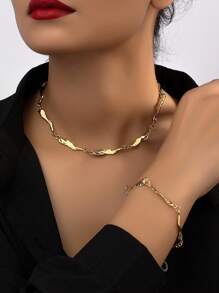 2 件/套女士不对称几何骨头设计手链和项链套装 - 金黃色 - 查看 2