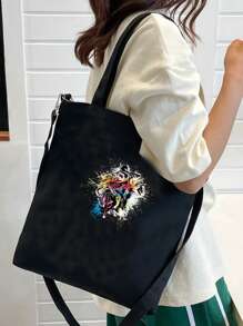 Casual Style Shopper Bag Double Handle Graphic Print - Black - View 1