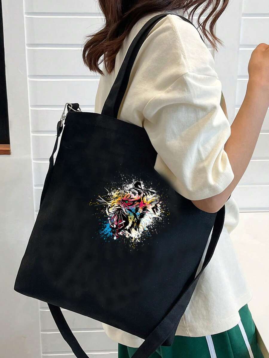 Casual Style Shopper Bag Double Handle Graphic Print - Black - View 1