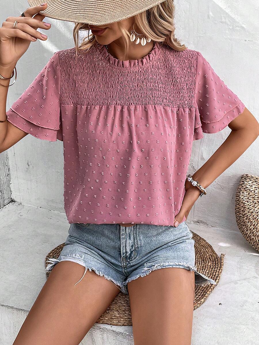 SHEIN LUNE Áo sơ mi nữ Nút viền lá sen Dải chun màu trơn Boho - Hồng - Xem 1