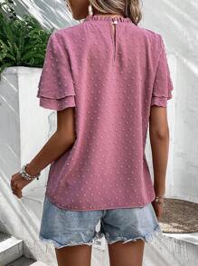SHEIN LUNE Áo sơ mi nữ Nút viền lá sen Dải chun màu trơn Boho - Hồng - Xem 2