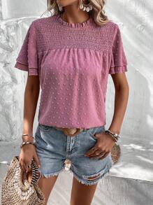 SHEIN LUNE Áo sơ mi nữ Nút viền lá sen Dải chun màu trơn Boho - Hồng - Xem 3