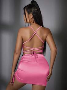 SHEIN SXY 垂領側抽繩緞面吊帶緊身洋裝 - 粉色 - 查看 2