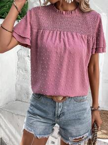 SHEIN LUNE Áo sơ mi nữ Nút viền lá sen Dải chun màu trơn Boho - Hồng - Xem 4