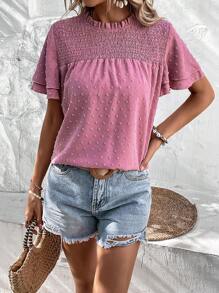 SHEIN LUNE Áo sơ mi nữ Nút viền lá sen Dải chun màu trơn Boho - Hồng - Xem 5