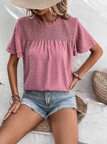 SHEIN LUNE Áo sơ mi nữ Nút viền lá sen Dải chun màu trơn Boho - Hồng - Xem 6