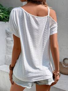 SHEIN LUNE 不對稱領蝙蝠袖前扭結T恤 - 白色 - 查看 2