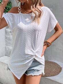 SHEIN LUNE 不對稱領蝙蝠袖前扭結T恤 - 白色 - 查看 3