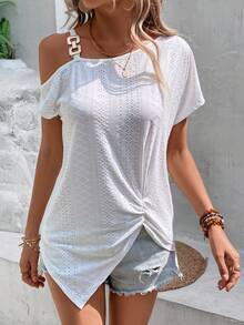 SHEIN LUNE 不對稱領蝙蝠袖前扭結T恤 - 白色 - 查看 4