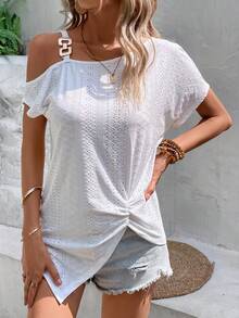 SHEIN LUNE 不對稱領蝙蝠袖前扭結T恤 - 白色 - 查看 6