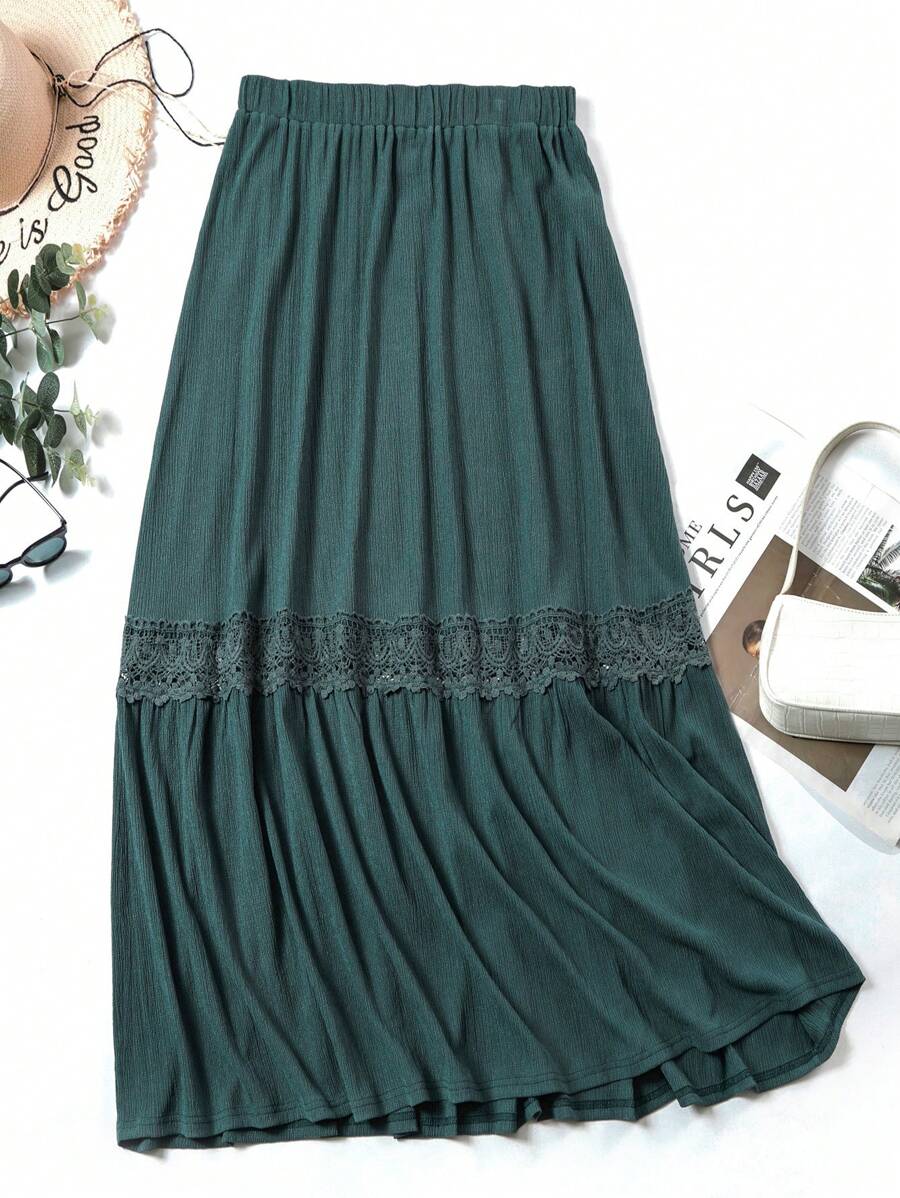 Mulvari Váy Plus Size Tương phản ren màu trơn Giải trí - Màu xanh lá cây đậm - Xem 1