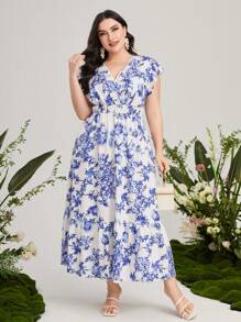 Mulvari Đầm Plus Size Xù Viên lá sen Trọn gói Hoa Tất cả trên in Boho - Xanh và trắng - Xem 1