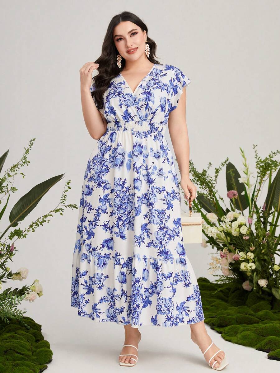 Mulvari Đầm Plus Size Xù Viên lá sen Trọn gói Hoa Tất cả trên in Boho - Xanh và trắng - Xem 1