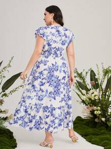 Mulvari Đầm Plus Size Xù Viên lá sen Trọn gói Hoa Tất cả trên in Boho - Xanh và trắng - Xem 2