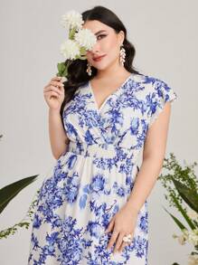 Mulvari Đầm Plus Size Xù Viên lá sen Trọn gói Hoa Tất cả trên in Boho - Xanh và trắng - Xem 3