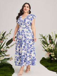 Mulvari Đầm Plus Size Xù Viên lá sen Trọn gói Hoa Tất cả trên in Boho - Xanh và trắng - Xem 4