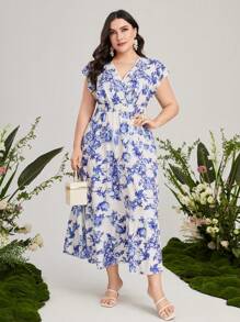 Mulvari Đầm Plus Size Xù Viên lá sen Trọn gói Hoa Tất cả trên in Boho - Xanh và trắng - Xem 5