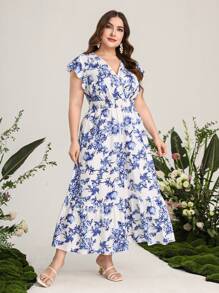 Mulvari Đầm Plus Size Xù Viên lá sen Trọn gói Hoa Tất cả trên in Boho - Xanh và trắng - Xem 6