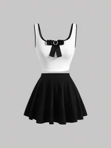 SHEIN MOD Bow Front Tank Top & Flare Skirt - White - View 1