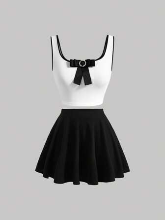 SHEIN MOD Schleife vorne, Tank Top mit & Ausgestellter Rock mit
