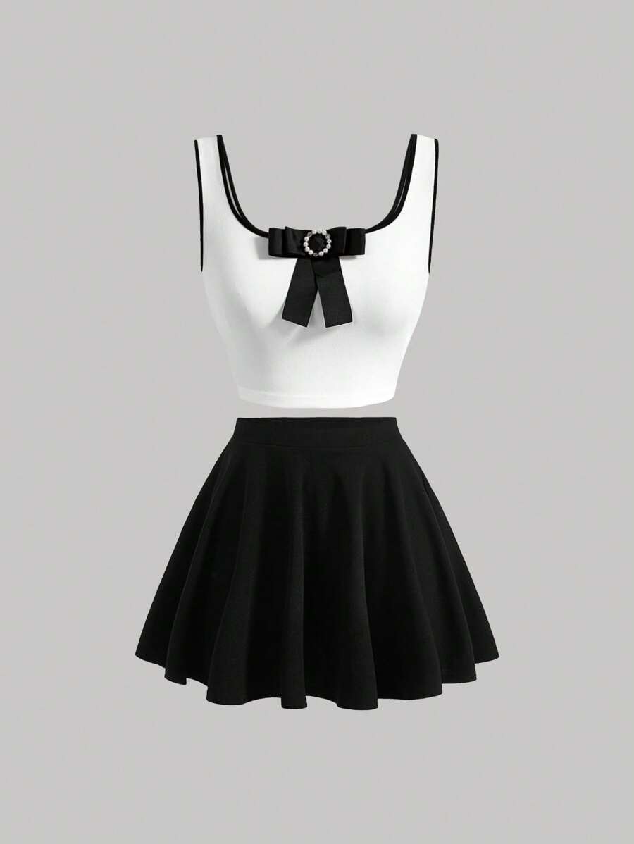 SHEIN MOD Bow Front Tank Top & Flare Skirt - White - View 1