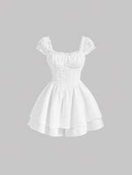 SHEIN MOD Solid Frill Trim Ruched Bust Ruffle Hem White Cap Sleeves Double Hem Skort Romper