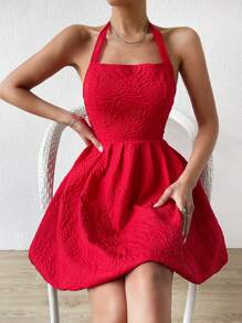 SHEIN Holidaya Váy yếm hở lưng buộc dây có họa tiết Váy tốt nghiệp cho trang phục năm mới Quần áo đi nghỉ bãi biển cho phụ nữ - Đỏ - Xem 2