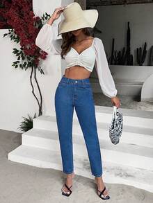 SHEIN Essnce High Waist Mom Fit Jeans - Dark Wash - View 3