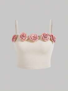 SHEIN MOD 大碼立體花卉吊帶上衣 - 米色 - 查看 1