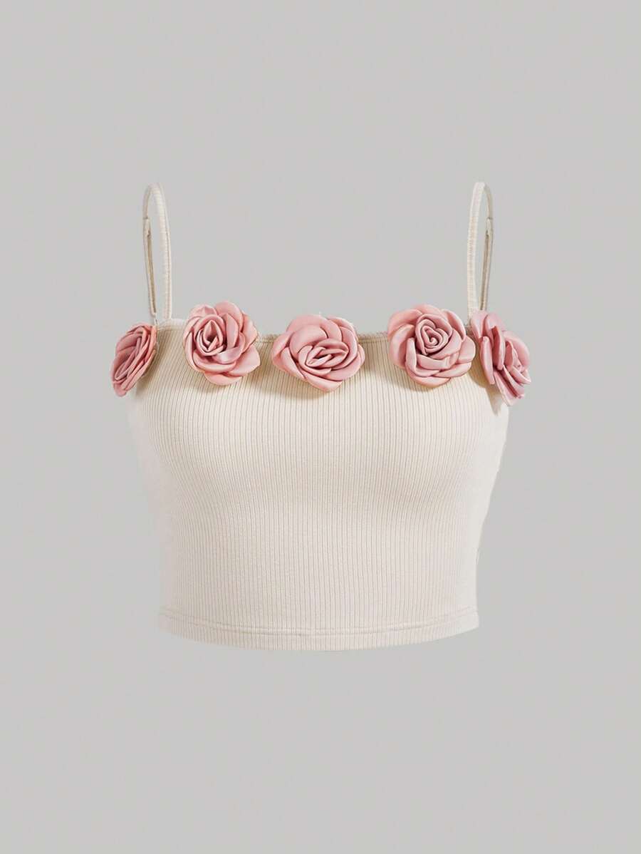 SHEIN MOD 大碼立體花卉吊帶上衣 - 米色 - 查看 1