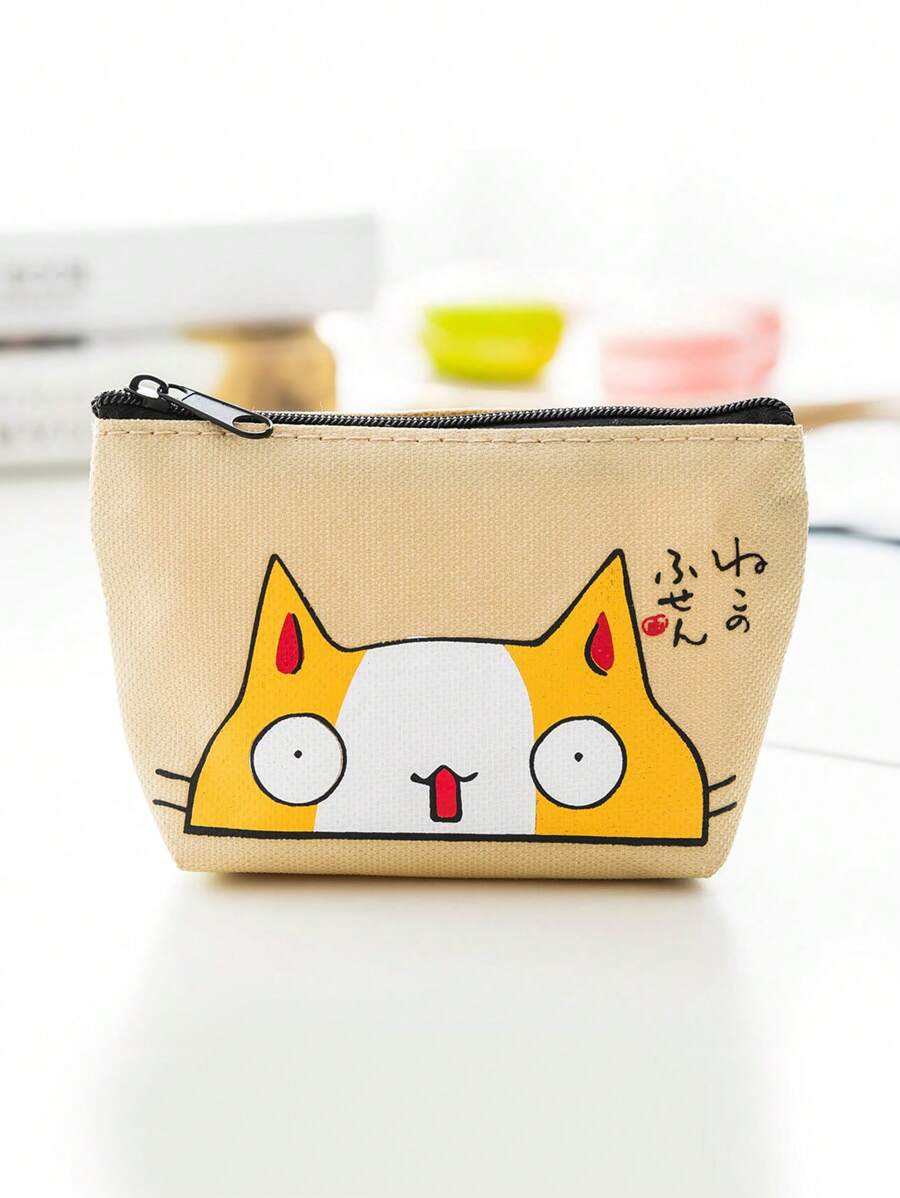 Linda Cartera De Monedas De Lienzo Con Dibujo Animado De Gato, Bolsa Con Cremallera Para Monedas, Llave, Dinero, Pequeña Cartera Para Mujeres Y Hombres