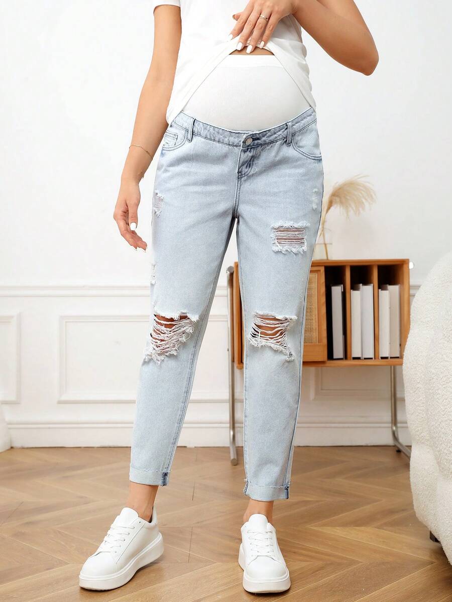 SHEIN Maternity Wideband Waist Ripped Frayed Jeans - Light Wash - View 1