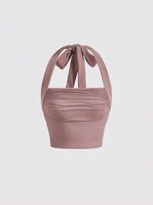 SHEIN MOD 素色褶邊掛脖上衣 - 紅木色 - 查看 1