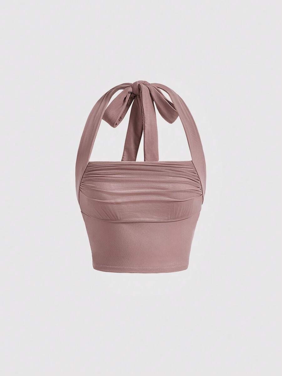 SHEIN MOD 素色褶邊掛脖上衣 - 紅木色 - 查看 1