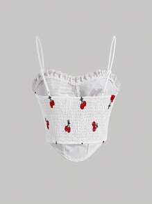 SHEIN MOD Cherry Print Frill Trim Ruched Bustier Cami Top - White - View 2