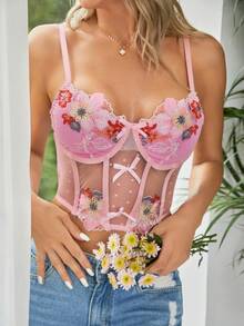 SHEIN Floral Embroidery Mesh Underwire Bra - Baby Pink - View 4