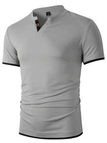 Manfinity Homme Hombres Camiseta ribete en contraste con estampado de letra de cuello notch - Gris - Ver 1