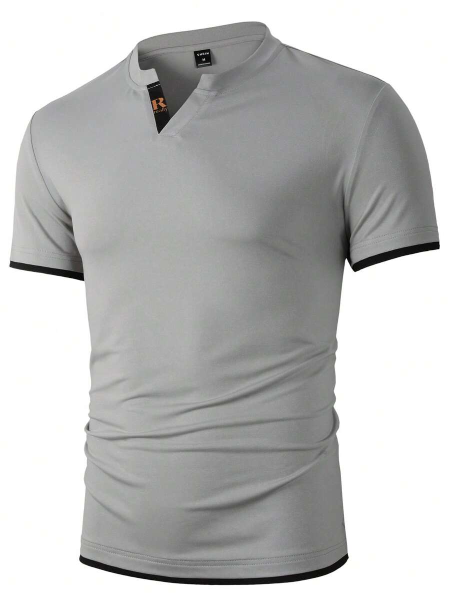 Manfinity Homme Hombres Camiseta ribete en contraste con estampado de letra de cuello notch - Gris - Ver 1