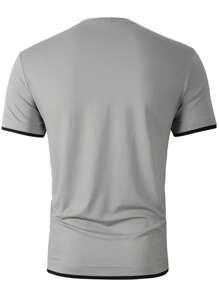 Manfinity Homme Hombres Camiseta ribete en contraste con estampado de letra de cuello notch - Gris - Ver 2