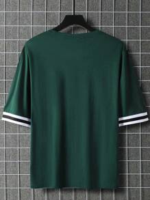 Manfinity Homme Hombres Camiseta con estampado de letra ribete en contraste - Verde Oscuro - Ver 2