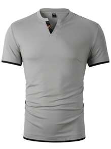 Manfinity Homme Hombres Camiseta ribete en contraste con estampado de letra de cuello notch - Gris - Ver 4