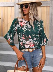 SHEIN LUNE Floral Print Flounce Sleeve Blouse