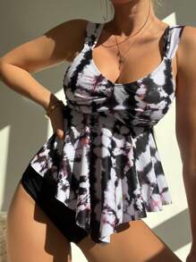 Swim Lushoire Tankini de verano con bajo fruncido y volantes en tie-dye - Multicolor - Ver 6