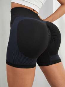 Yoga Basic Striped Print Wideband Waist Scrunch Butt Sports Shorts - Blue - View 1