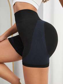 Yoga Basic Striped Print Wideband Waist Scrunch Butt Sports Shorts - Blue - View 2