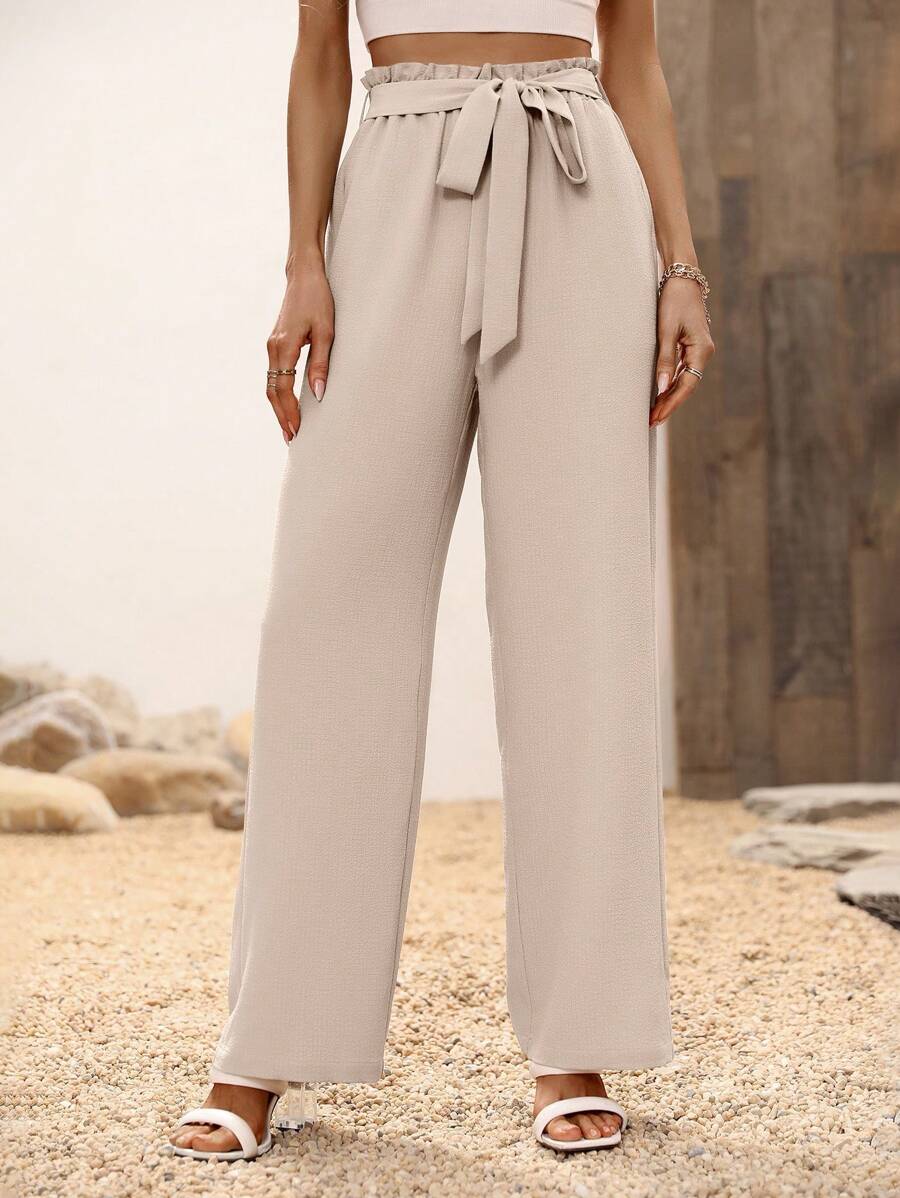 SHEIN LUNE High Waist Belted Wide Leg Trousers - Khaki - View 1