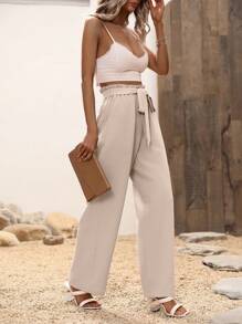 SHEIN LUNE High Waist Belted Wide Leg Trousers - Khaki - View 4