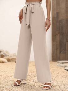 SHEIN LUNE High Waist Belted Wide Leg Trousers - Khaki - View 5